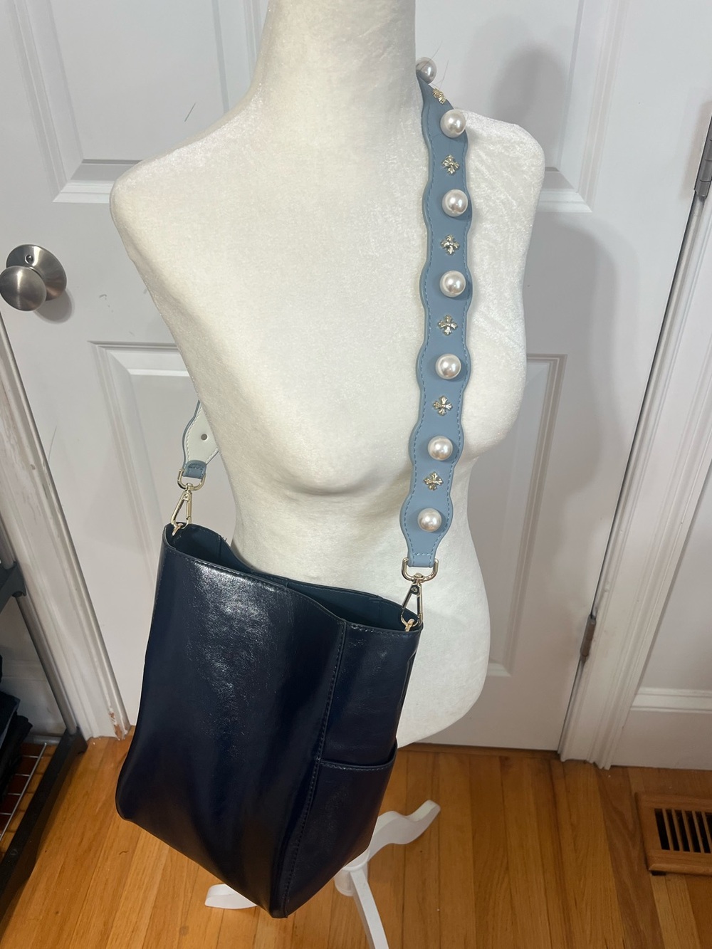 Blue Leather Bucket Bag with Decorative Pearl Strap